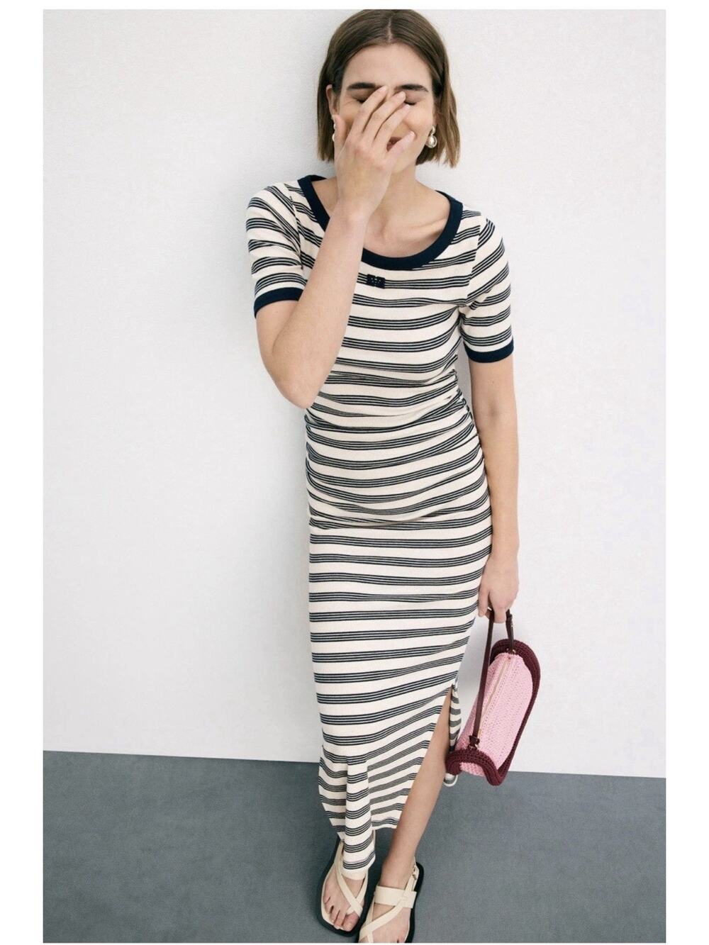 GANNI Striped Soft Cotton Rib Short Sleeve Dress Size S